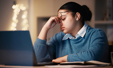 Image showing Night, business and woman with headache, stress and deadline for new project, schedule and burnout. Female employee, manager and entrepreneur overworked, mental health and depression in workplace