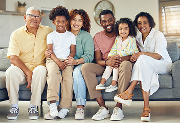 Image showing Family portrait, generations and love with trust and support at home, grandparents and parents with kids. Relax in living room, happy people together with unity and bonding, diversity and care