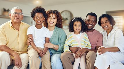 Image showing Family portrait, generations and love with care and support at home, grandparents and parents with kids. Relax in living room, happy people together with unity and bonding, diversity and trust