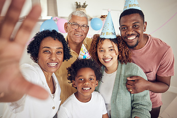 Image showing Big family, selfie smile and birthday portrait in home, having fun at party or celebration. Interracial, love or father, mother and kid with grandparents taking photo for happy memory or social media