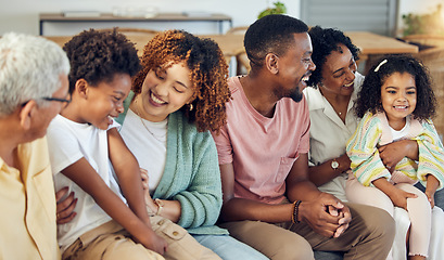 Image showing Family, generations and love with happiness and support at home, grandparents and parents with kids. Relax in living room, happy people together with unity and bonding, care with diversity and trust