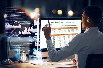 Image showing Night computer, stock market hologram and man with crypto finance chart, bitcoin dashboard hud or NFT statistics. Investment data analysis, trading or back of forex account manager point at future ui