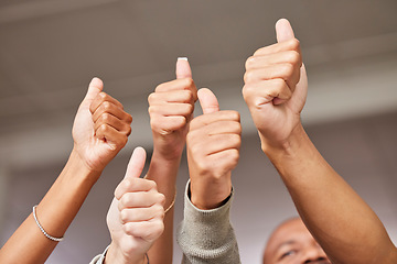 Image showing Thumbs up closeup, group of people winning, thank you and support with diversity, hands together in yes, vote or like. Goals, target reach and winner team or business staff teamwork, agreement and ok