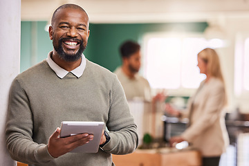 Image showing Black man, tablet and smile in portrait at startup, scroll device and happy with tech, communication and app. Social media, email and networking with businessman, web design or IT at digital agency