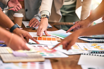 Image showing Creative meeting, color and hands of business people on desk for branding logo, strategy and marketing design. Teamwork, collaboration and designers brainstorming ideas, thinking and planning project