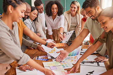 Image showing Color, creative palette and business people in meeting on desk for branding logo, strategy and marketing design. Teamwork, collaboration and designers brainstorming ideas, thinking and project plan