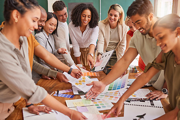 Image showing Color, creative palette and happy team by desk working on branding meeting, strategy and marketing design. Business teamwork, collaboration and designers brainstorming ideas, thinking and discussion