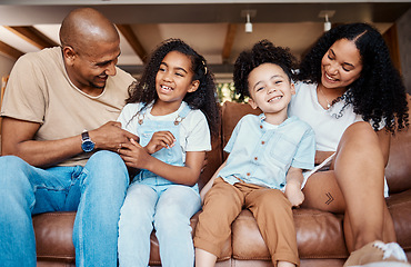 Image showing Black family, living room portrait and laughing of a mother, father and kids on a couch with happiness. Happy, parent love and support of girl on in a home sofa together with a smile in a house