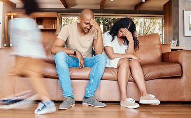 Image showing Kids, stress and mom with dad on sofa tired, chaos in living room or frustrated mother and father with parenting burnout. Hyperactive children with energy playing in home with woman and man in crisis