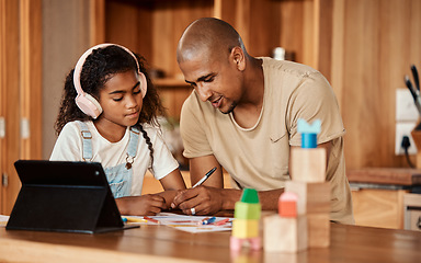 Image showing Tablet, home education and father with kid for translation, language learning and elearning headphones or electronics. Family, dad or man and girl child helping, support or teaching sound development