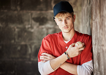 Image showing Ball, baseball and serious portrait of man with ball ready for game, match and practice in stadium. Softball mockup space, sports and male player in dugout for training, exercise and competition