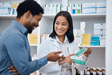 Image showing Pharmacy product, customer or woman helping man with pills choice, pharmaceuticals decision or medicine shopping. Hospital retail shop, drugs store client or pharmacist for medical healthcare support