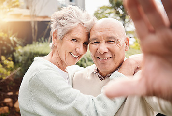 Image showing Portrait, selfie smile and senior couple hug outdoors in nature, bonding and laughing. Photographer, retirement and elderly man and woman taking pictures for social media, happy memory and love.