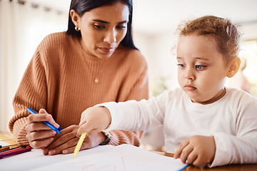 Image showing Home school, learning and mother doing an activity with her child for education and childhood development. Knowledge, homework and young mom teaching her toddler kid to do a creative drawing or write