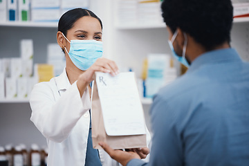 Image showing Pharmacy product, face mask and woman with customer for pills prescription, medical supplements and medicine. Healthcare, covid and pharmacist giving man bag of medicare package, drugs and medication