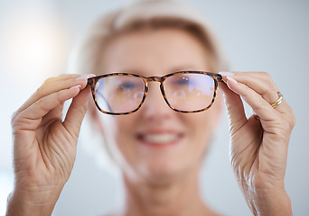 Image showing Optometry, vision and senior woman with glasses for eye care, health and wellness in clinic. Healthcare, ophthalmology and portrait of elderly female with spectacles prescription lens in optic store.