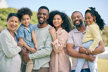 Image showing Portrait of grandparents, parents and children in garden for bonding, quality time and relax together. Black family, love and happy mother, father and kids enjoy holiday, summer vacation and weekend