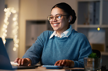 Image showing Laptop, accountant and business woman with calculator in office at night working on bookkeeping, tax or budget. Bokeh smile, accounting and happy female professional calculating finance with computer