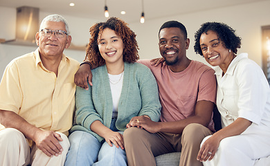 Image showing Big family, smile and portrait in home living room, joy and having fun together on sofa. Interracial, love and happy grandfather, grandmother and couple smiling in lounge and enjoying holiday time.