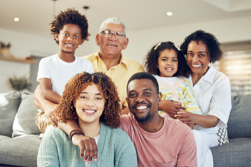 Image showing Family, generations and love with happiness in portrait, support at home with grandparents and parents with kids. Relax in living room, happy people with unity and bonding, diversity and trust