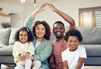 Image showing Family, portrait and security, love and insurance for protection with parents and children. Hands together, roof and happy people in living room, unity and safety for life and home cover with smile