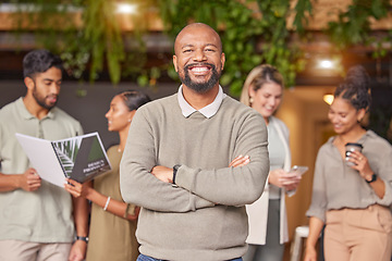 Image showing Black man, portrait smile and arms crossed in leadership for meeting, teamwork or collaboration at office. Happy businessman, leader or coach smiling in management for team planning and brainstorming