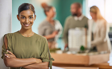 Image showing Woman, portrait smile and leadership with arms crossed for meeting, teamwork or collaboration at office. Happy businesswoman, leader or coach smiling in management for team planning at workplace