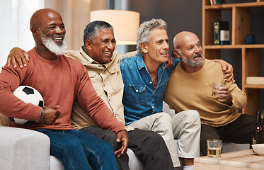 Image showing Senior, friends and watching football on tv, relax or drinking beer, bonding or laughing. Comic, funny and happy elderly men streaming soccer on television having fun on sofa in living room in home