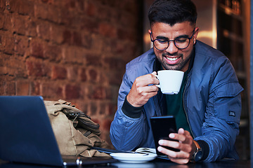 Image showing Black man, phone and coffee shop in the morning looking at a social media meme with happiness. Online communication, networking and cafe remote working of a freelance writer on mobile networking