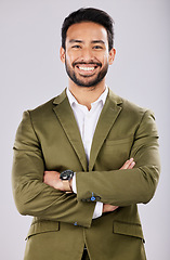 Image showing Leadership, smile and portrait of business man on white background for success, power mindset and confidence. Corporate fashion, ceo and happy male with crossed arms in professional clothes in studio