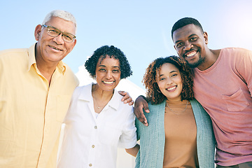 Image showing Family, generations in portrait with happiness outdoor, parents with adult children in nature, together with love. Happy people bonding with smile, support and care with trust and relationship