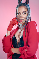 Image showing Punk, goth fashion and portrait of a young woman with creative designer, teen and edgy clothing. Isolated, pink background and gen z model with cool beauty, bdsm rocker and funky style in a studio