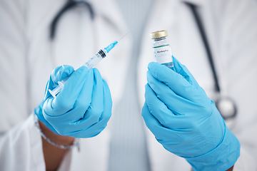 Image showing Vaccine for monkey pox, doctor and syringe in hands for vaccination or booster shot in hospital. Zoom, needle and bottle, science with medical innovation for virus protection and safety in medicine.