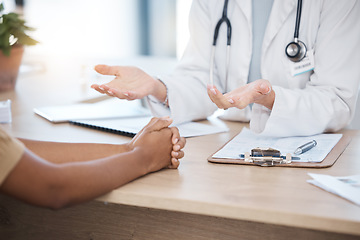 Image showing Closeup, healthcare and doctor with patient, appointment and consultation for diagnosis, conversation or help. Zoom, medical professional or black woman in office, prescription or consulting for cure