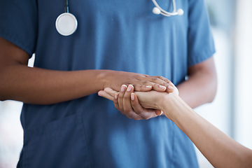 Image showing Hope, black woman or nurse holding hands in hospital consulting for medical test news or results for sympathy. Empathy, trust or zoom of doctor in healthcare clinic nursing or helping sick patient