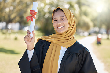 Image showing College graduation portrait of muslim woman with education certificate, learning success and university achievement. Islamic student or young hijab person and study diploma at campus, park or outdoor