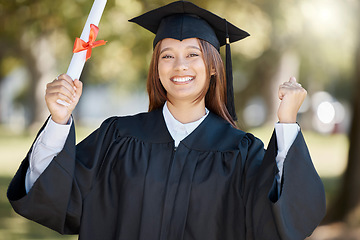 Image showing Graduation, university diploma and woman celebrate on campus with smile for ceremony, award and achievement. Education, college and girl graduate student with certificate, degree and academy scroll