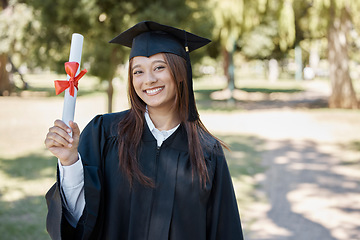 Image showing Graduation award, university and portrait of girl on campus with smile for success, diploma and achievement. Education, college and happy female graduate with certificate, degree and academy scroll