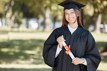 Image showing Graduation, education and portrait of woman on campus with smile for success, award and achievement. University student, college and happy female graduate with certificate, degree and academy diploma