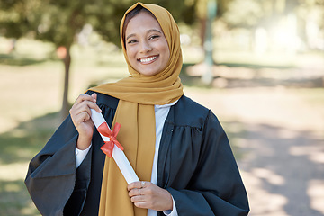 Image showing University graduation portrait of muslim woman with education certificate, scholarship success or college achievement. Islamic student or hijab person with scroll, diploma or award at outdoor campus