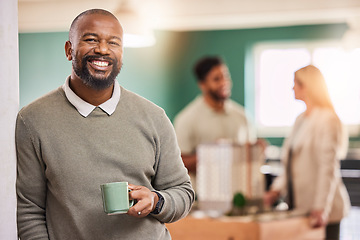 Image showing Black man, portrait smile and leadership with coffee for meeting, teamwork or collaboration at office. Happy businessman, leader or coach smiling in management with cup in team planning at workplace