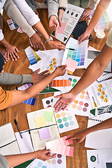 Image showing Color, design palette and hands of business people on desk for branding meeting, strategy and marketing. Teamwork, paper and top view of designers brainstorming ideas, thinking and creative project