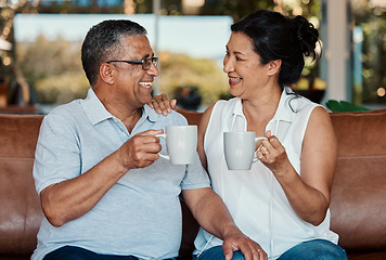 Image showing Toast, coffee and senior couple laughing in home, having fun and enjoying funny conversation. Love bonding, tea cheers and romantic smile of happy, retired and elderly man and woman drinking espresso