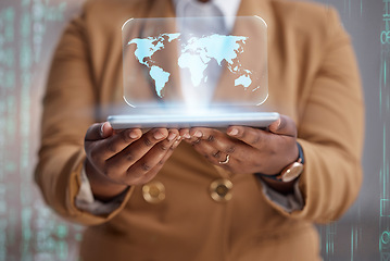 Image showing Person hands, tablet and map hologram for worldwide connection, global data and cybersecurity software development. 3D holographic, digital world or planet of business woman in futuristic app overlay
