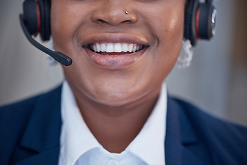 Image showing Smile, teeth and call center agent woman with dental hygiene or health happy to consult customer service. Mouth, African American and consultant talking and excited while working in CRM