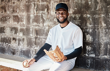 Image showing Black man, baseball or catch glove portrait on sports, stadium or arena bench for game, match or competition. Smile, happy or softball athlete with mitt for fitness, club workout or exercise training