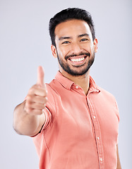 Image showing Thumbs up, great and happy with portrait of man for vote, well done and promotion for good news. Opinion, smile and emoji with guy and positive hand gesture for thank you, agreement and approval