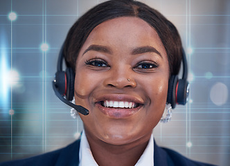 Image showing Futuristic graphic, telemarketing portrait and black woman with tech call center consultant. Customer service, happiness and web support agent with a smile and headphones ready for crm communication
