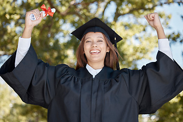 Image showing Celebration, graduation and portrait of a woman with a diploma for finishing university. Achievement, happy and graduate with a certificate to celebrate the completion of academic studies at college