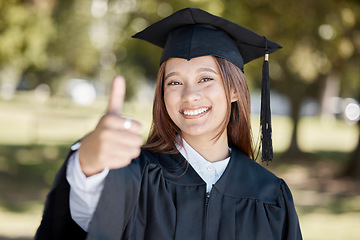 Image showing Education, graduation and portrait of girl with thumbs up on campus for success, award and certificate ceremony. University, college and happy female graduate with hand sign for goals and achievement